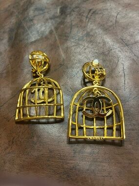 ChaneI Gold Tone Large Bird Cage Dangle Earrings Clip On